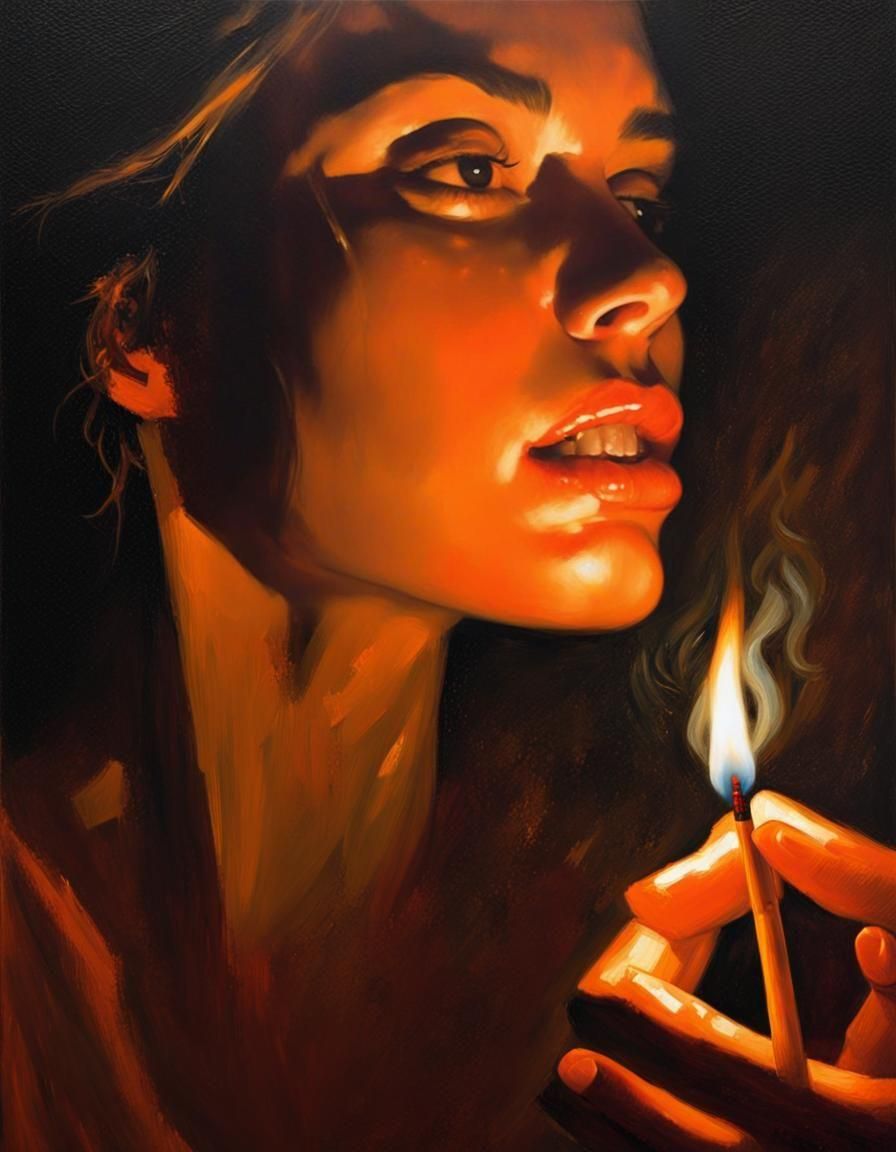 Woman with Match: Light and Shadow Oil Painting