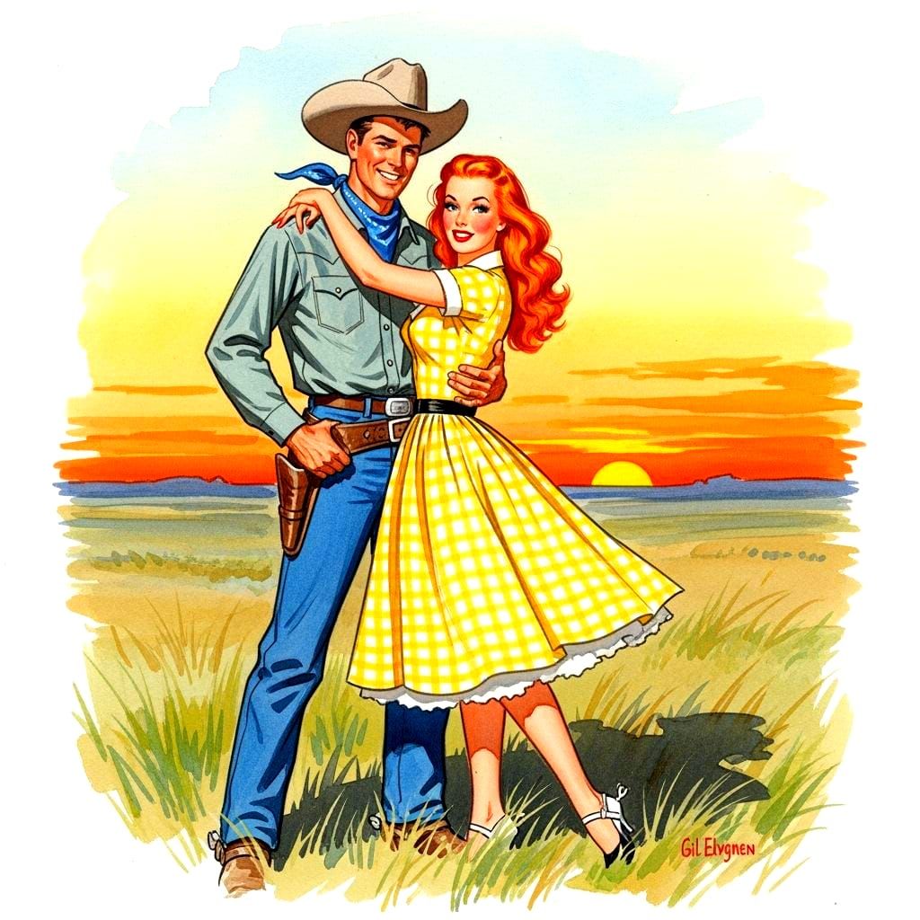 Romantic Cowboy Embrace in Kansas Prairie, Pin-Up Art