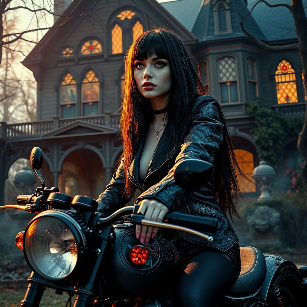 Gothic Goddess Rides Dark Motorcycle in Front of Haunted Man...