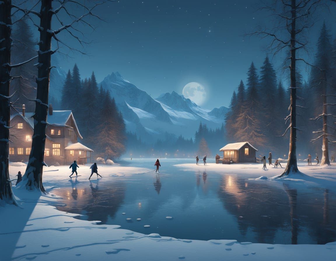 Moonlit Winter Wonderland Scene with Ice Skaters