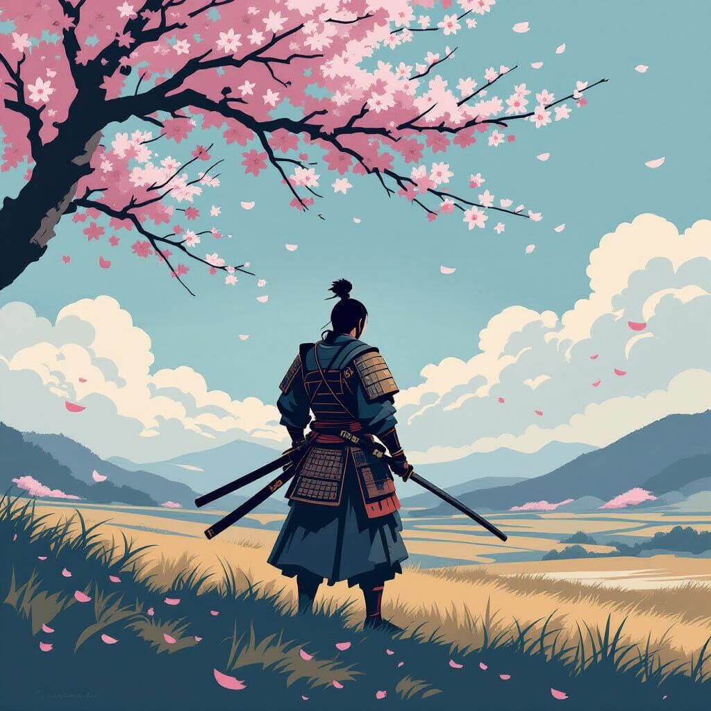 Samurai Warrior Under Cherry Blossoms in Ancient Japan Style