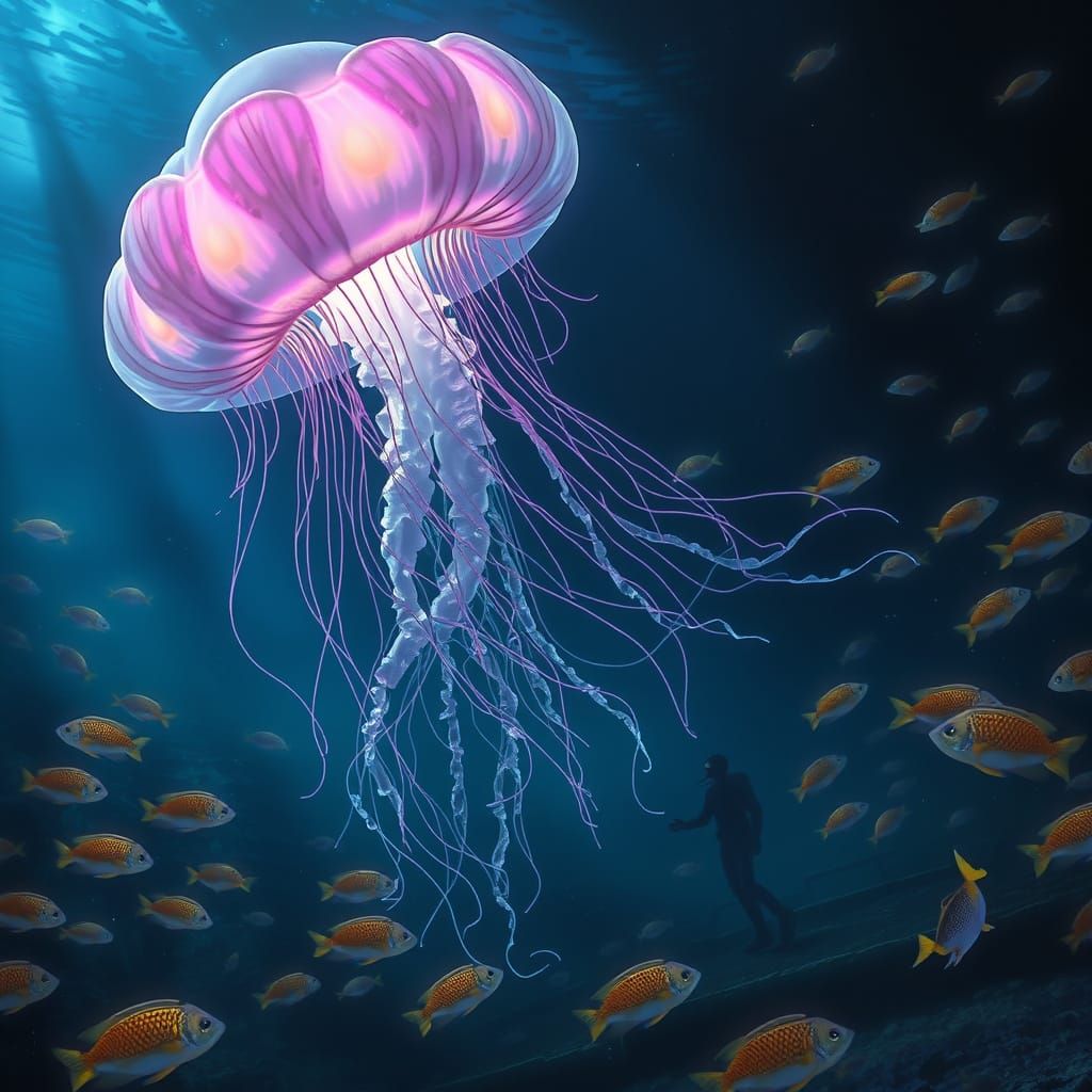 Bioluminescent Lotus Jellyfish in Oceanic Depths with Fantas...