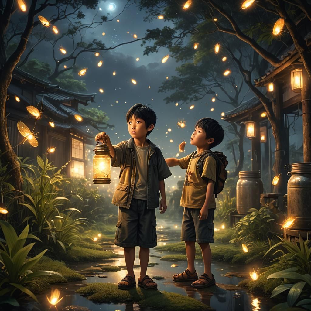 Young Boy Captures Fireflies: Cinematic Digital Painting