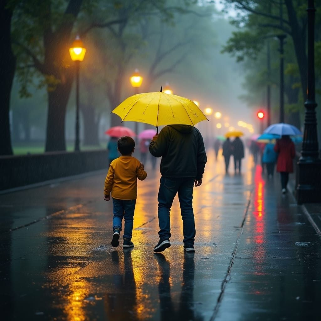 Father and Son in Rainy Street Scene