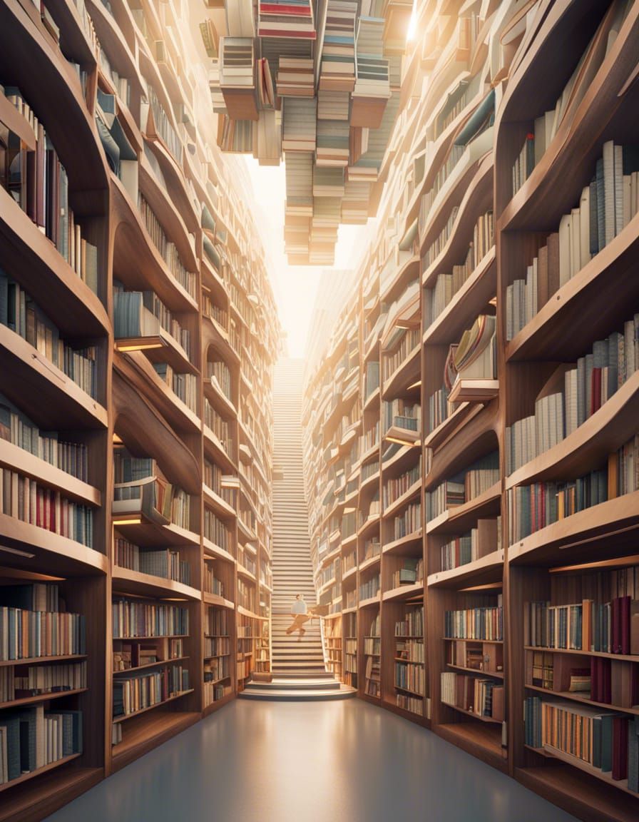 Futuristic Library with Robotic Librarian in Digital Art