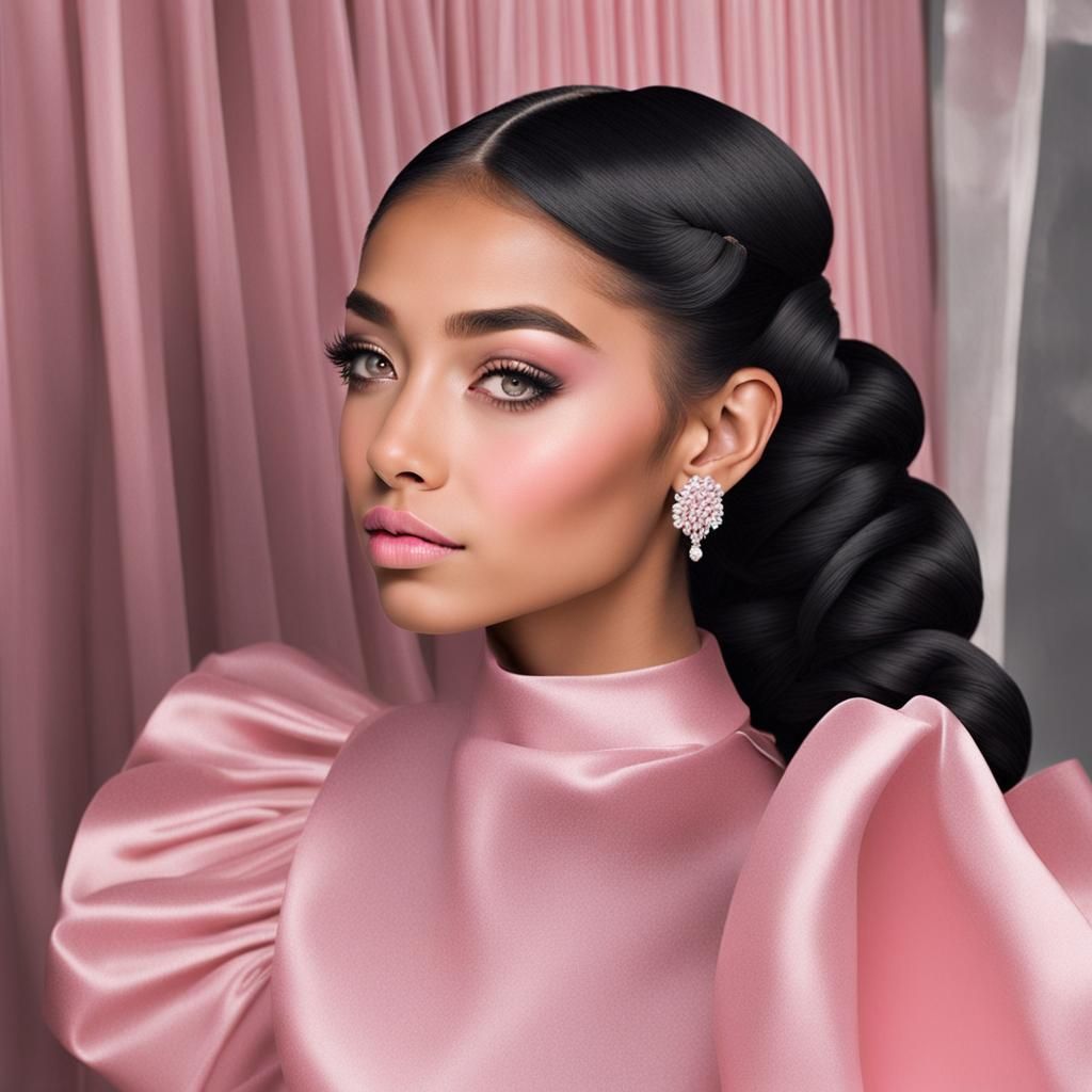 una linda chica con dos lindos cabellos negros, trenzas, cabello largo, vestido con un lindo vestido de color rosa, sost...