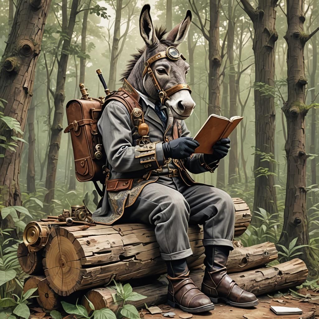 Steampunk Donkey Artist in Forest: Cubist Expressionist Illu...