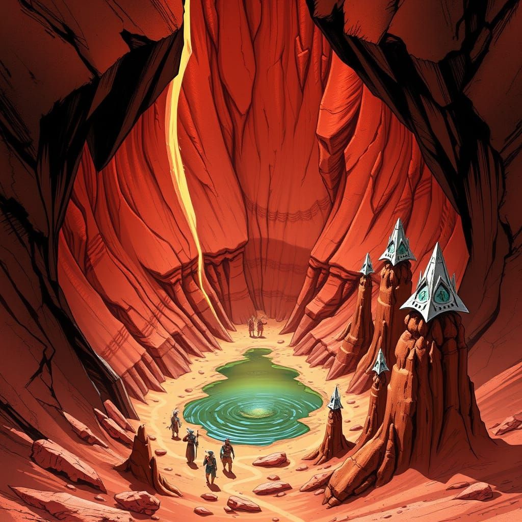 Red-Dust Badlands with Jagged Fissure and Ochre Streaks