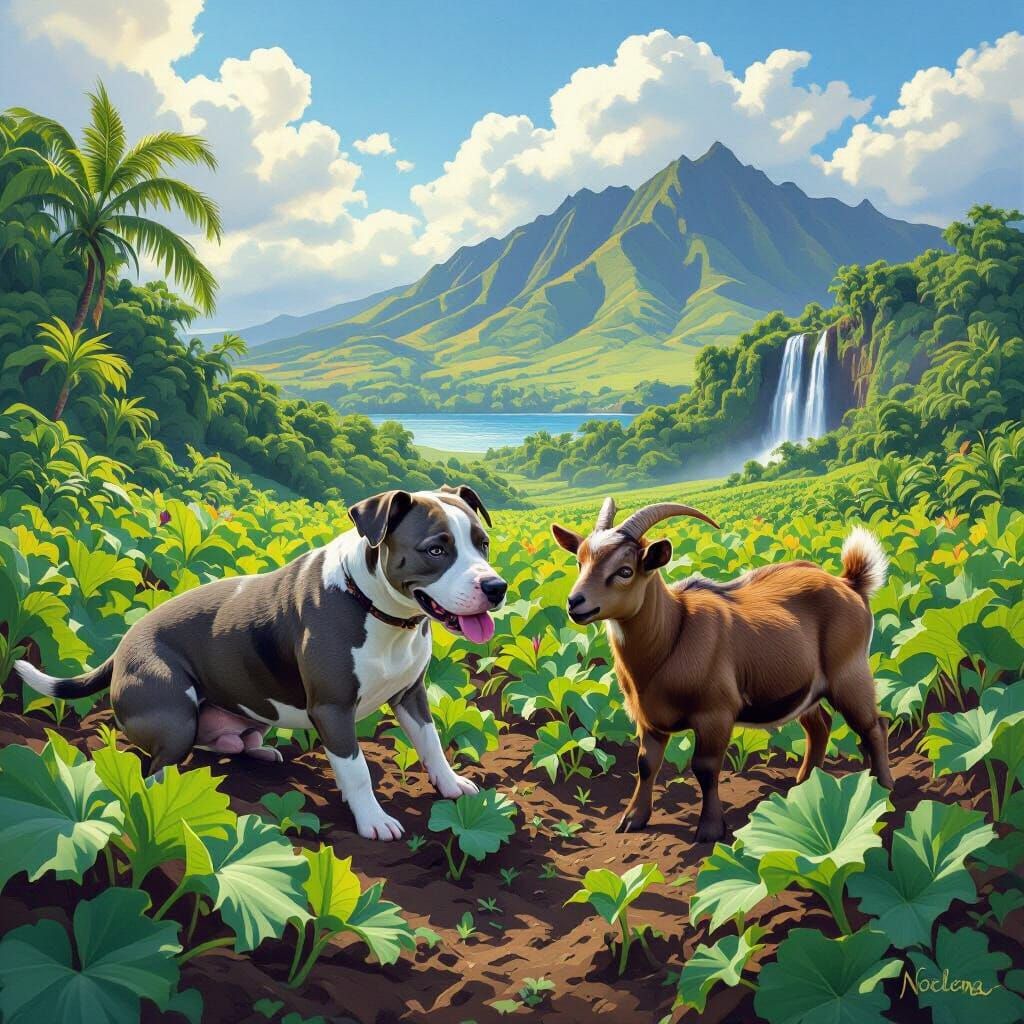 Pitbull and Goat in Hawaiian Landscape Art