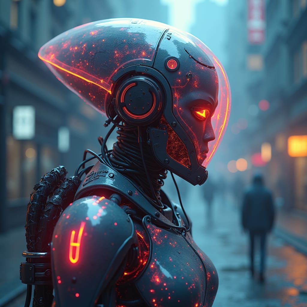 Futuristic Human-Mech Hybrid in Cyberpunk Style