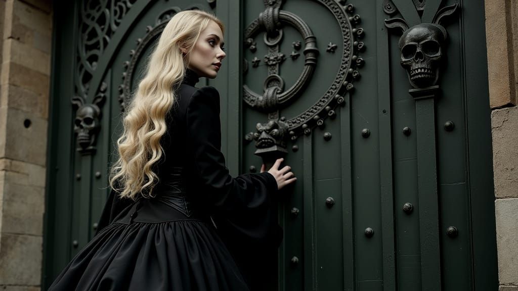 Gothic Woman Contemplates Life at Cathedral Door