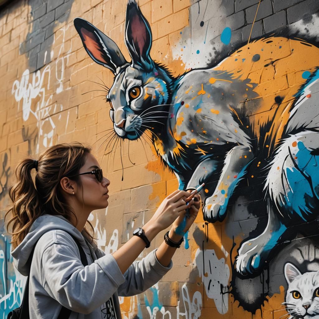 Graffiti Artist Creates Rabbit and Cat Mural