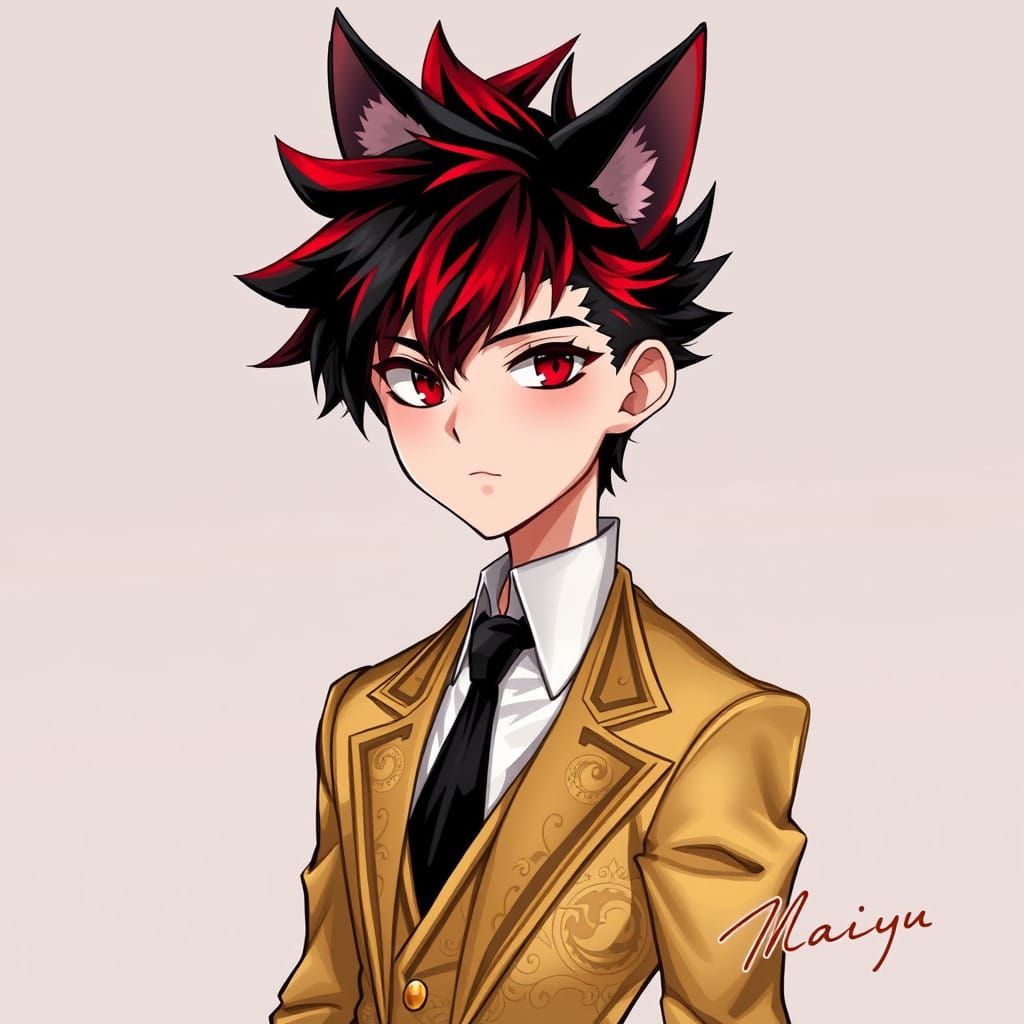 Confident Youth with Whimsical Cat Ears in Elegant Gold Atti...