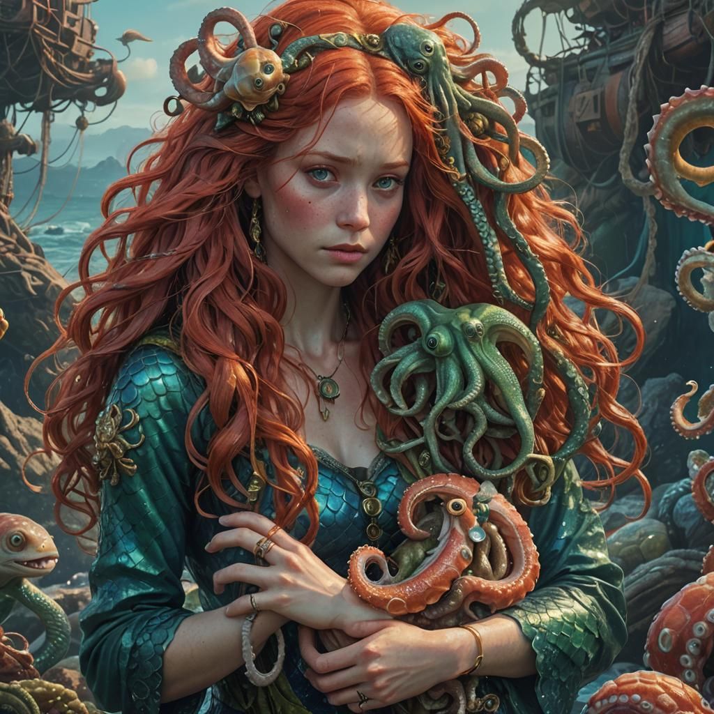 Mermaid Holding Octopus, Fantastical Realism Concept Art
