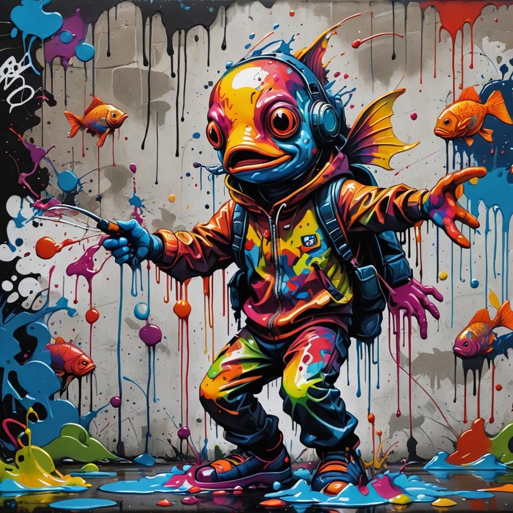 Colorful Graffiti Fishman in Street Art Style