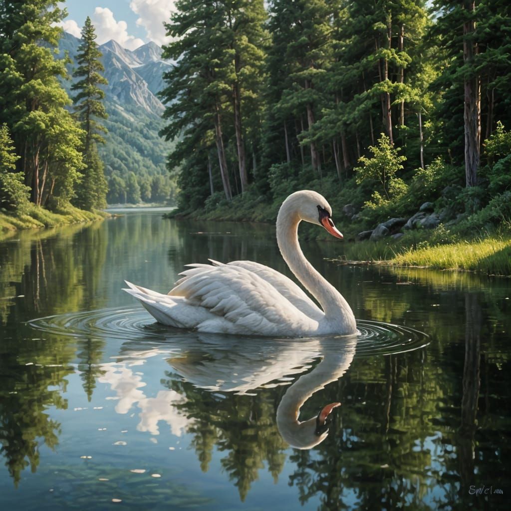 Glass Swan Glides on Crystal Lake: Hyperrealistic Landscape