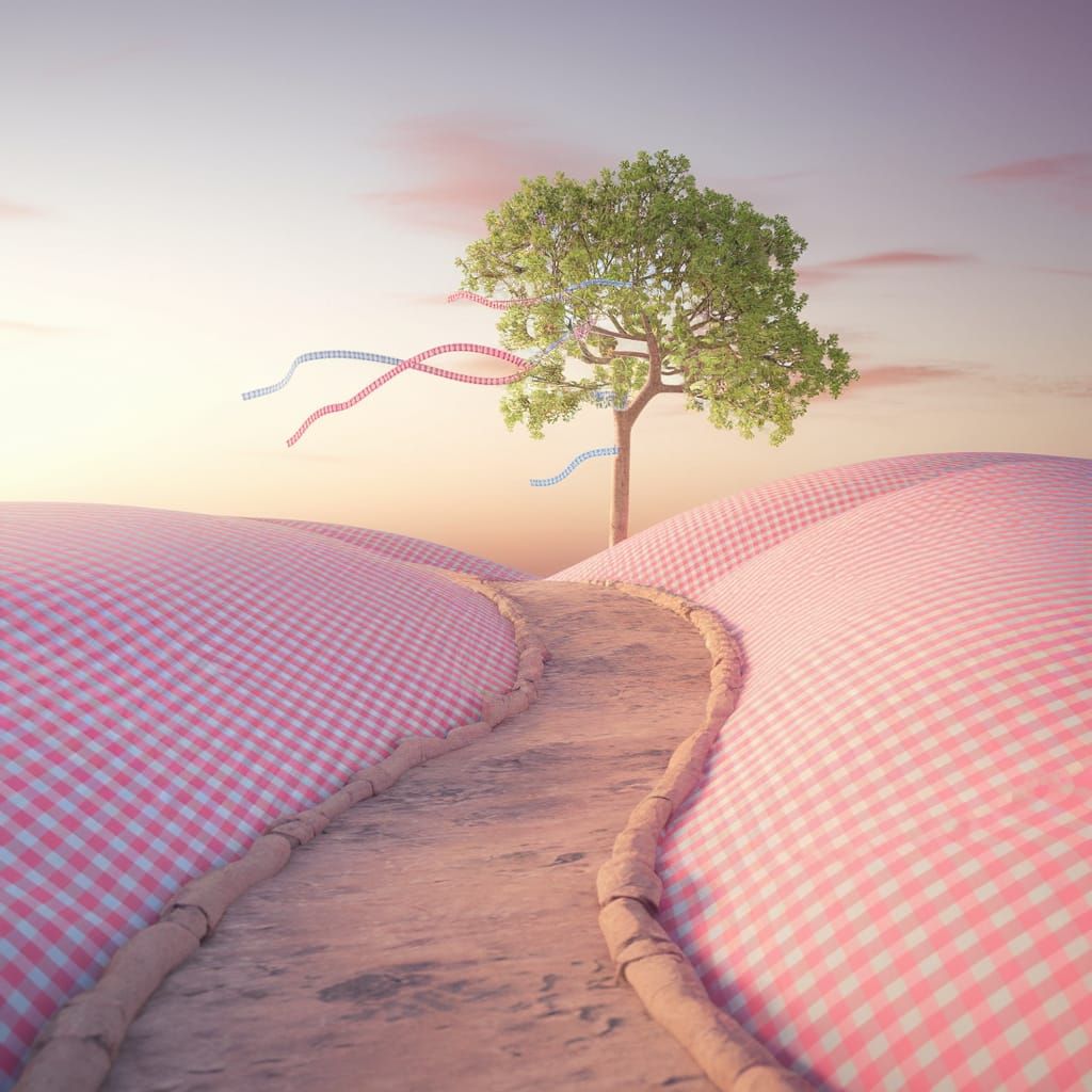 Dreamy Gingham Landscape with Vibrant Patterns and Gentle Su...