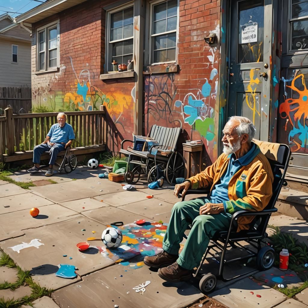 Graffiti Art: Old Man Watching Children Play Soccer