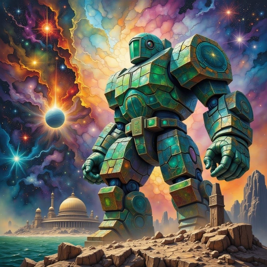 Emerald Golem Guards Cosmic Observatory in Sci-Fi Style