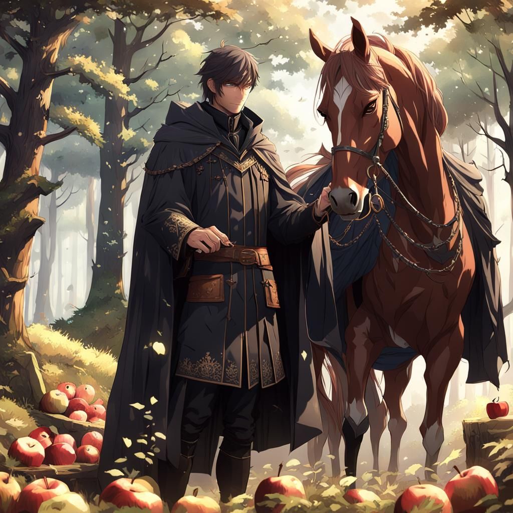 Anime Man Feeds Apple to Mare in Forest