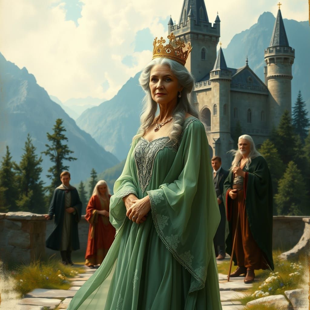 Elegant Woman in Golden Crown with Ancient Castle Background