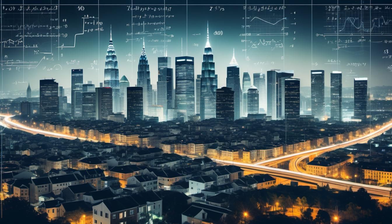 Cityscape with Overlaid Equations and Calculations