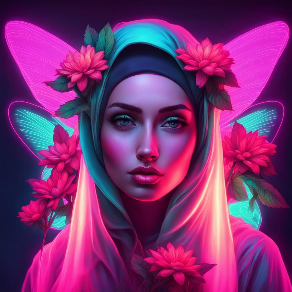 Synthwave Neon Flower Fairy in Hijab