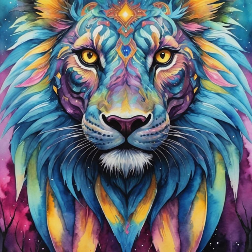 Dissolving Magical Lion in Dark Fantasy Watercolor