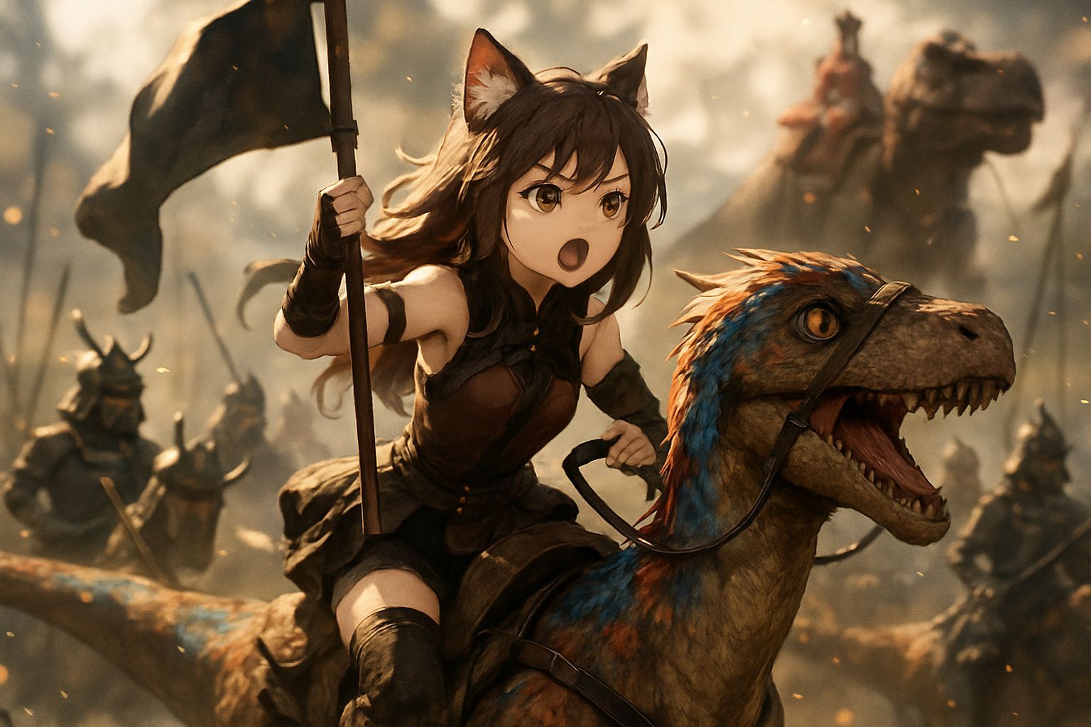 Anime Catgirl Rides Velociraptor in Samurai Battle Scene