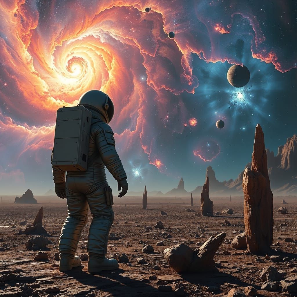 Astronaut on Alien Planet Gazing at Nebula