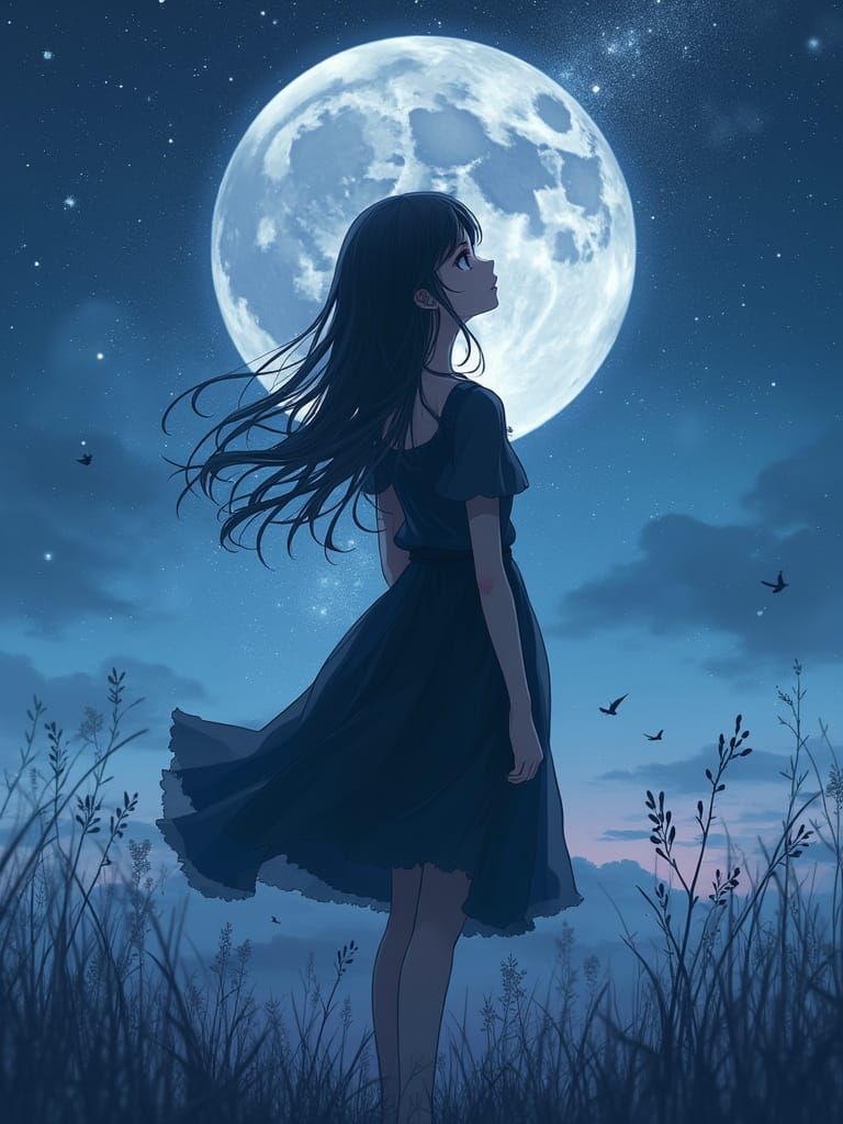 Surreal Double Exposure of a Girl Looking at the Moon