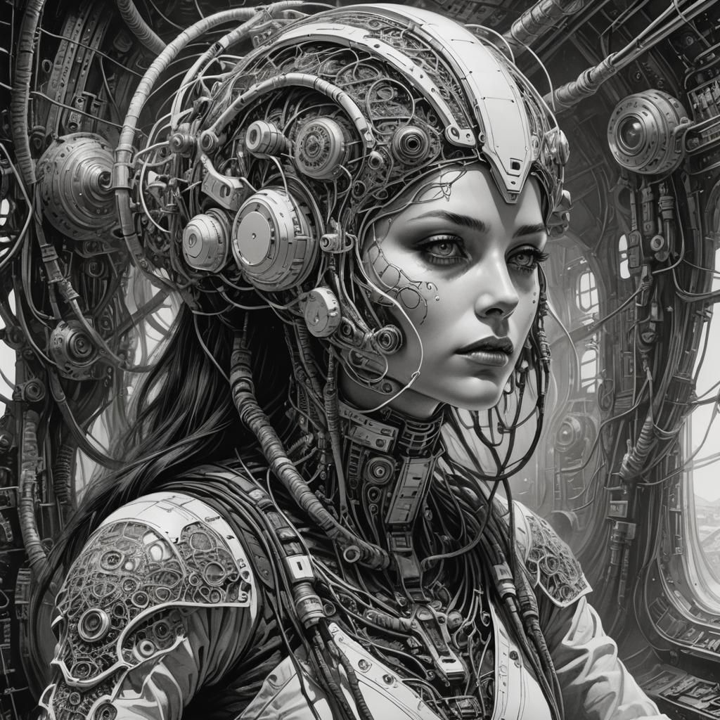 Cyberpunk Pilot Merged with Spaceship Controls