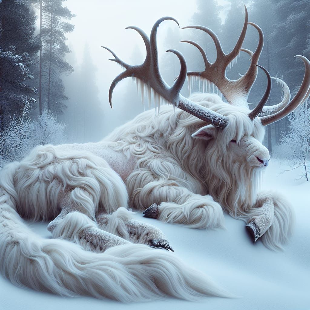 Fluffy Hybrid Creature Asleep in Snowy Landscape