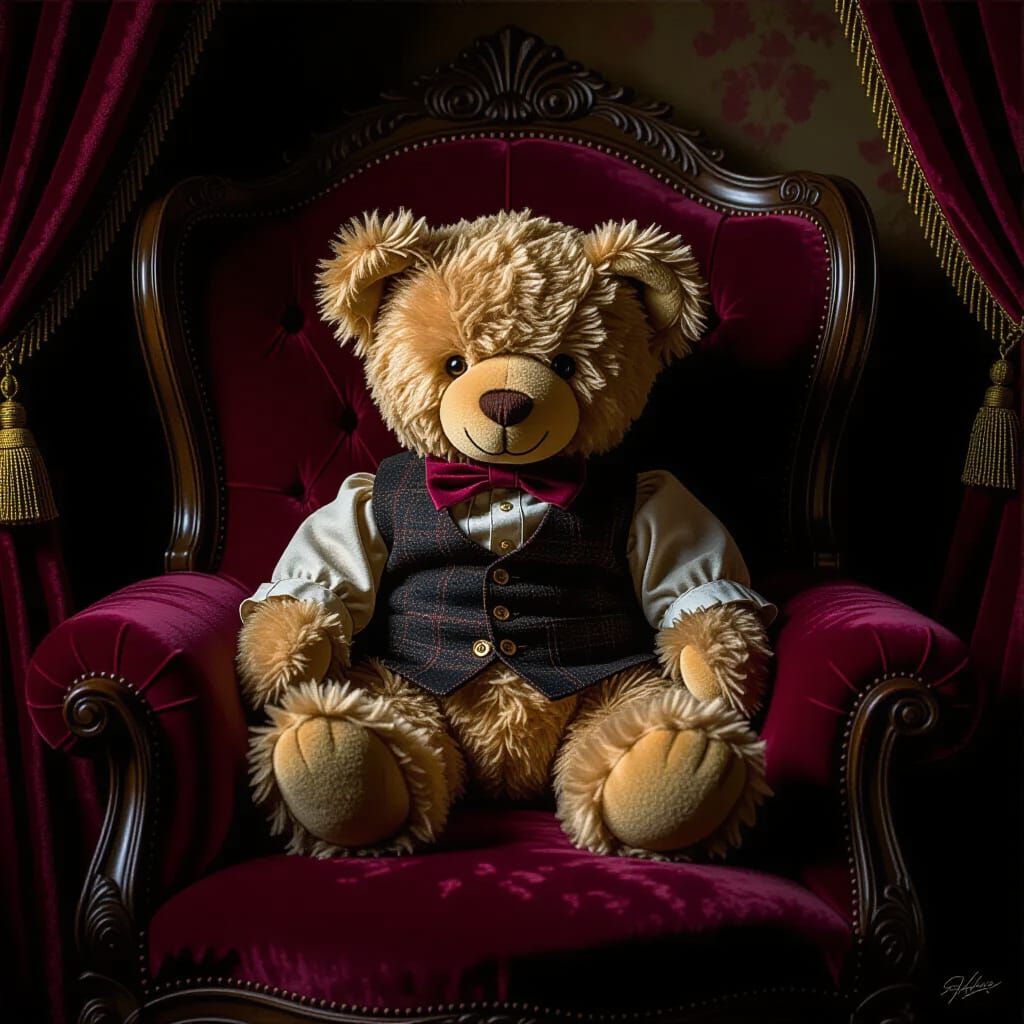 Vintage Teddy Bear in Dimly Lit Opulent Room, Rembrandt Ligh...