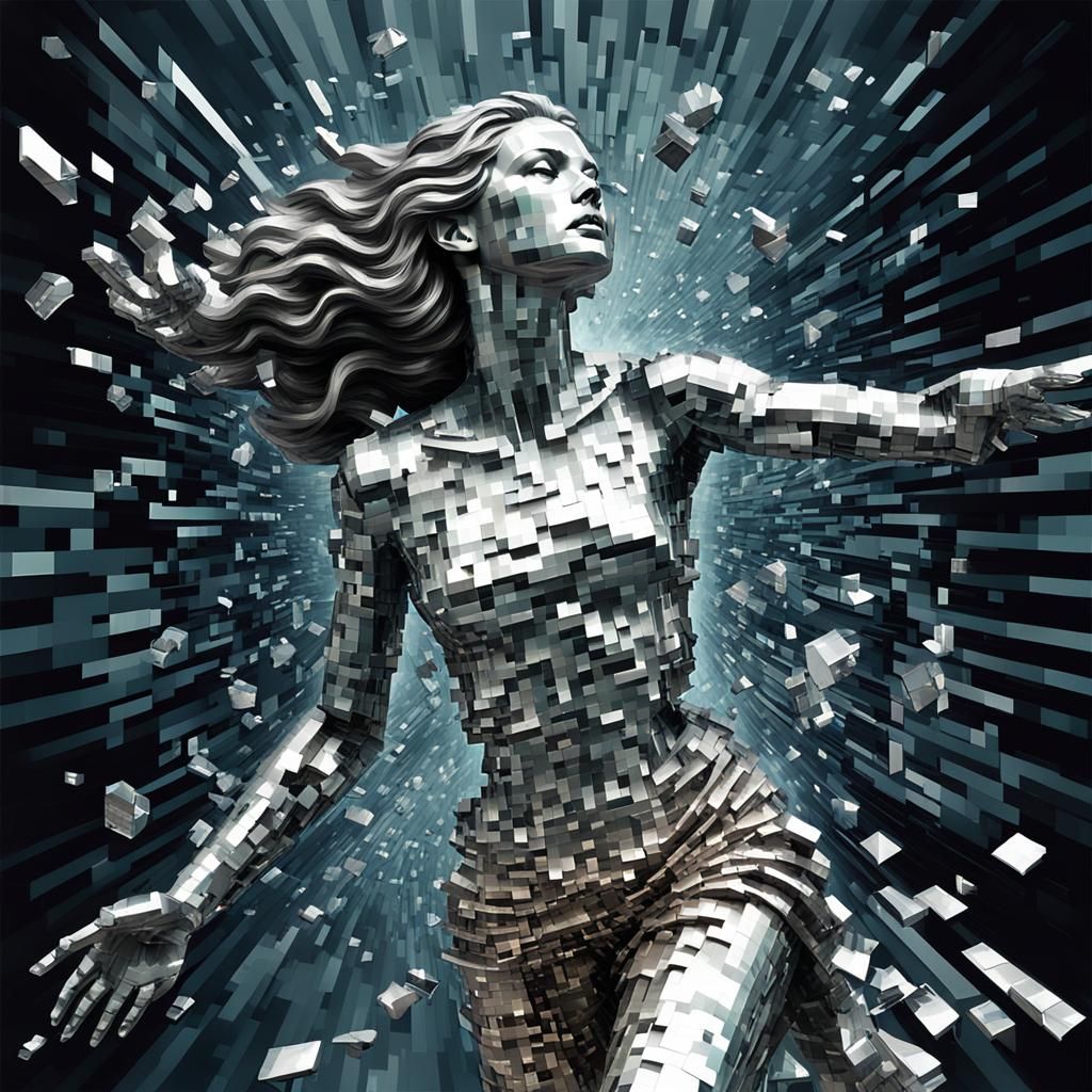 Glitching Silver Statue of Woman in Digital Art