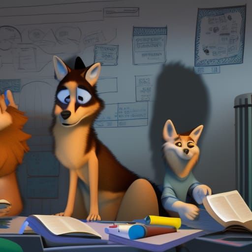 Wolves Studying in School as 3D Digital Art