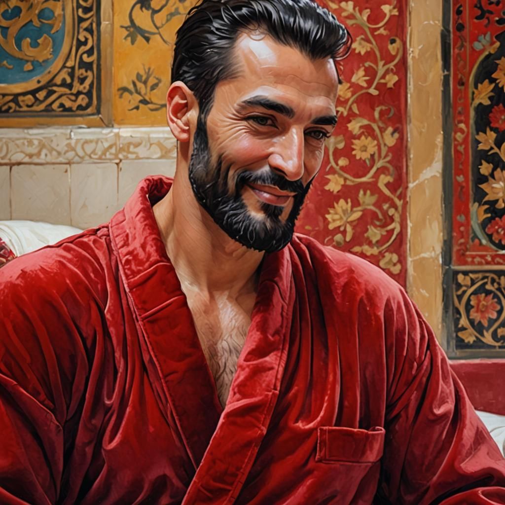 Elegant Man in Red Velvet Bathrobe, Impressionist Style