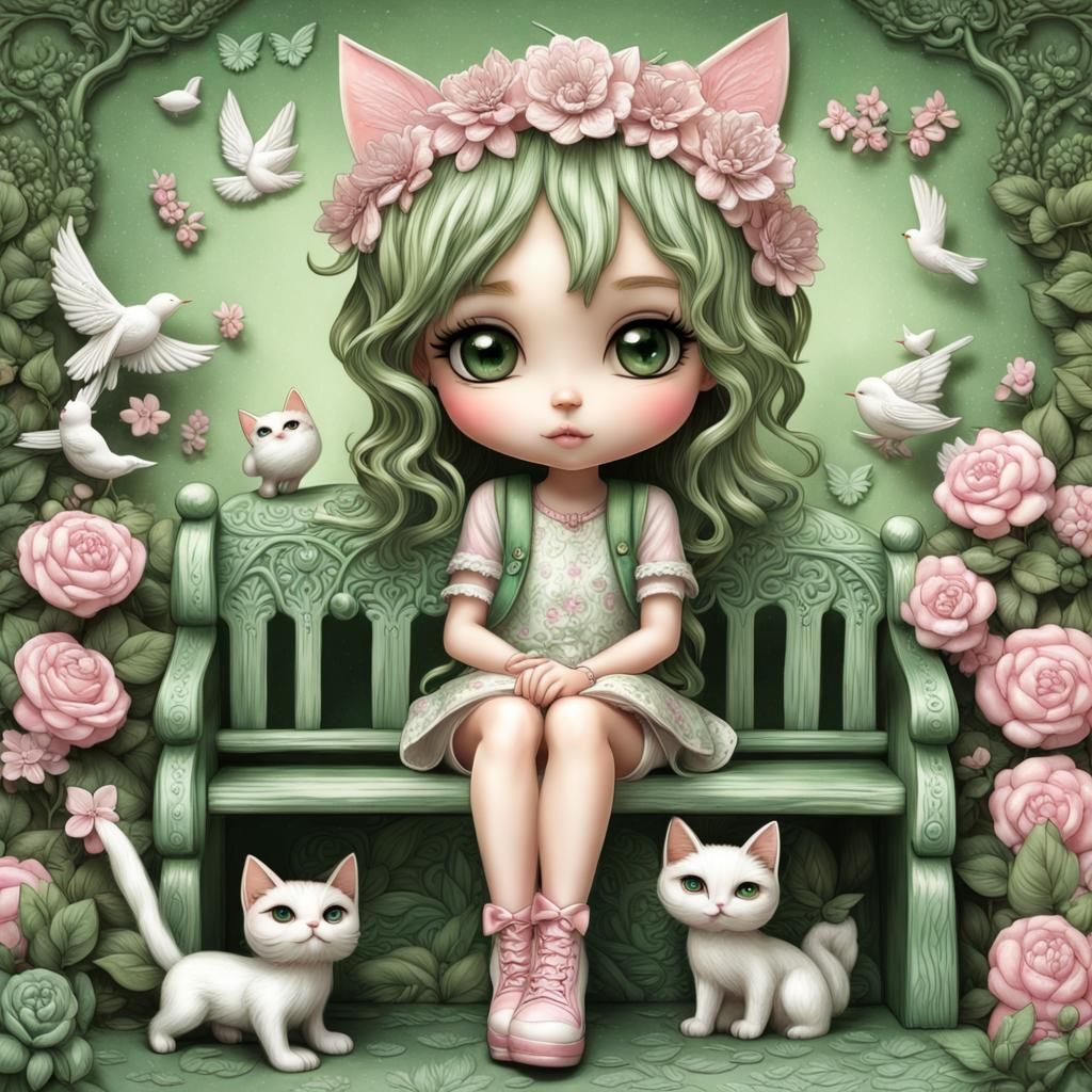 Chibi Girl with Cat in Embossed Mixed Media Style