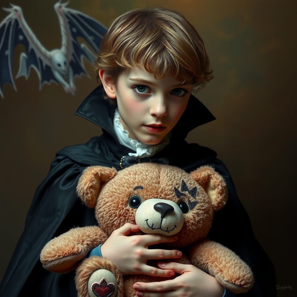 Young Vampire with Teddy Bear Portrait