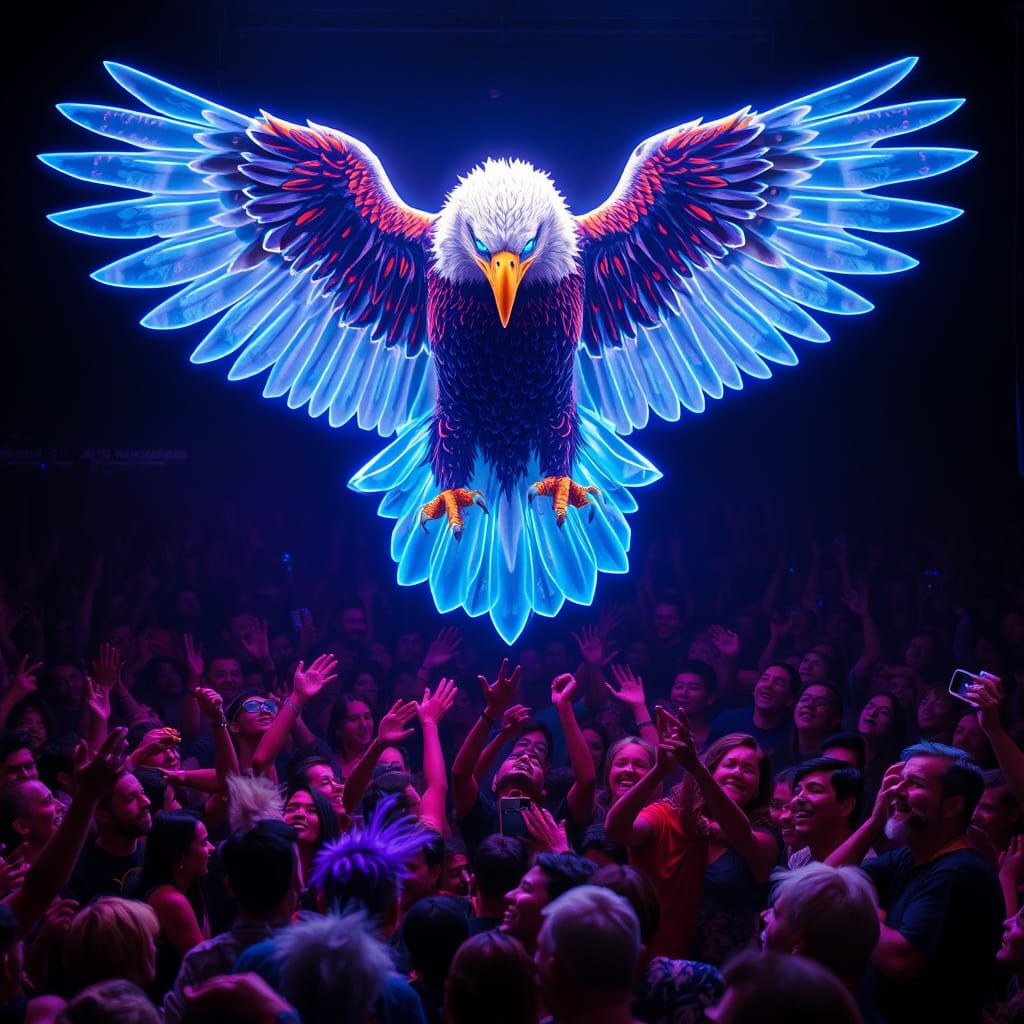 Holographic Eagle Over Crowd of Humans and Mutants