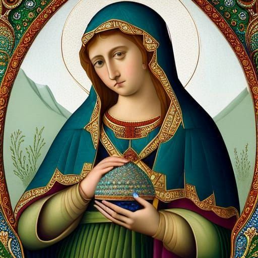 Saint Mary and Decorative Emerald Encrusted Egg