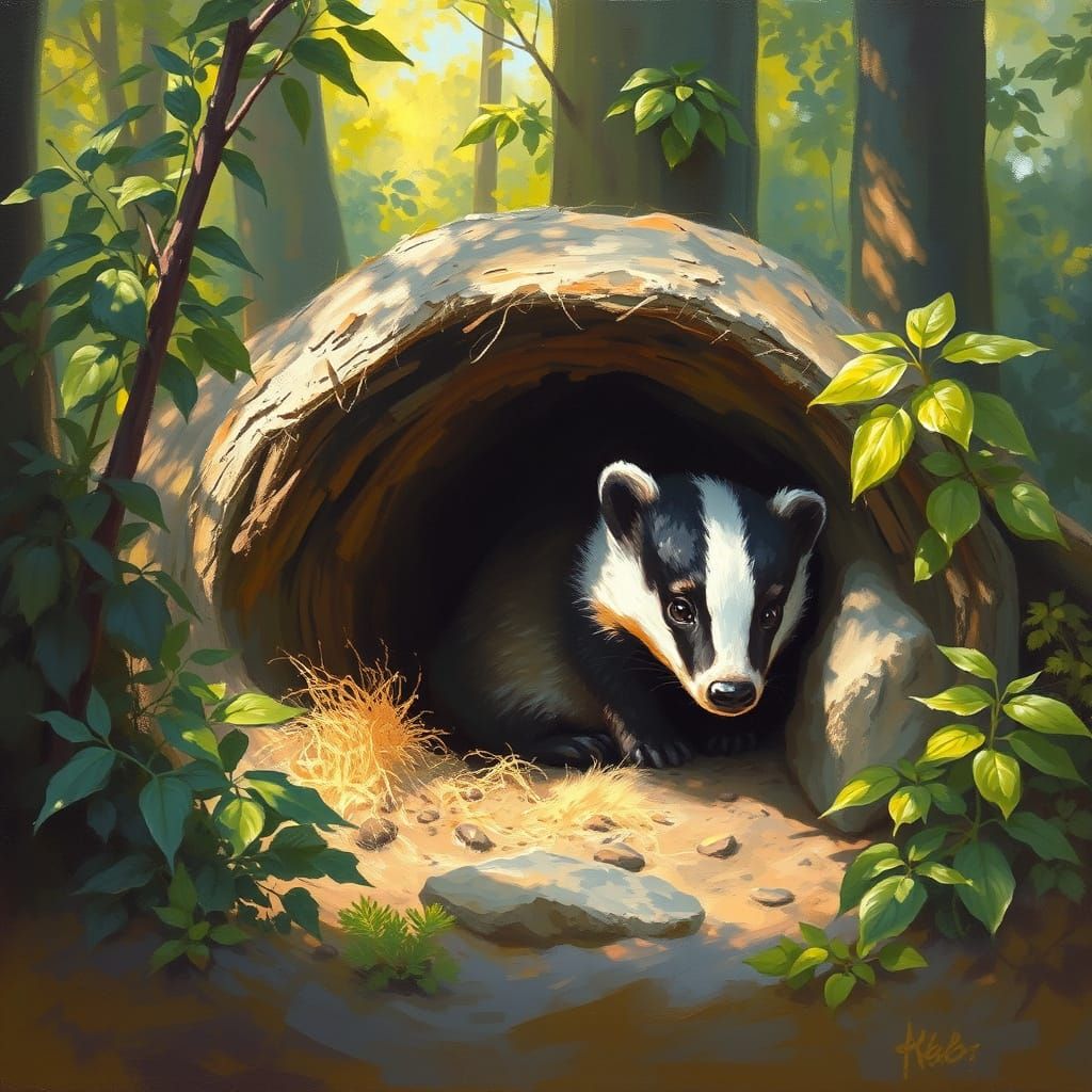 Badger in Forest Burrow, Impressionist Oil Painting
