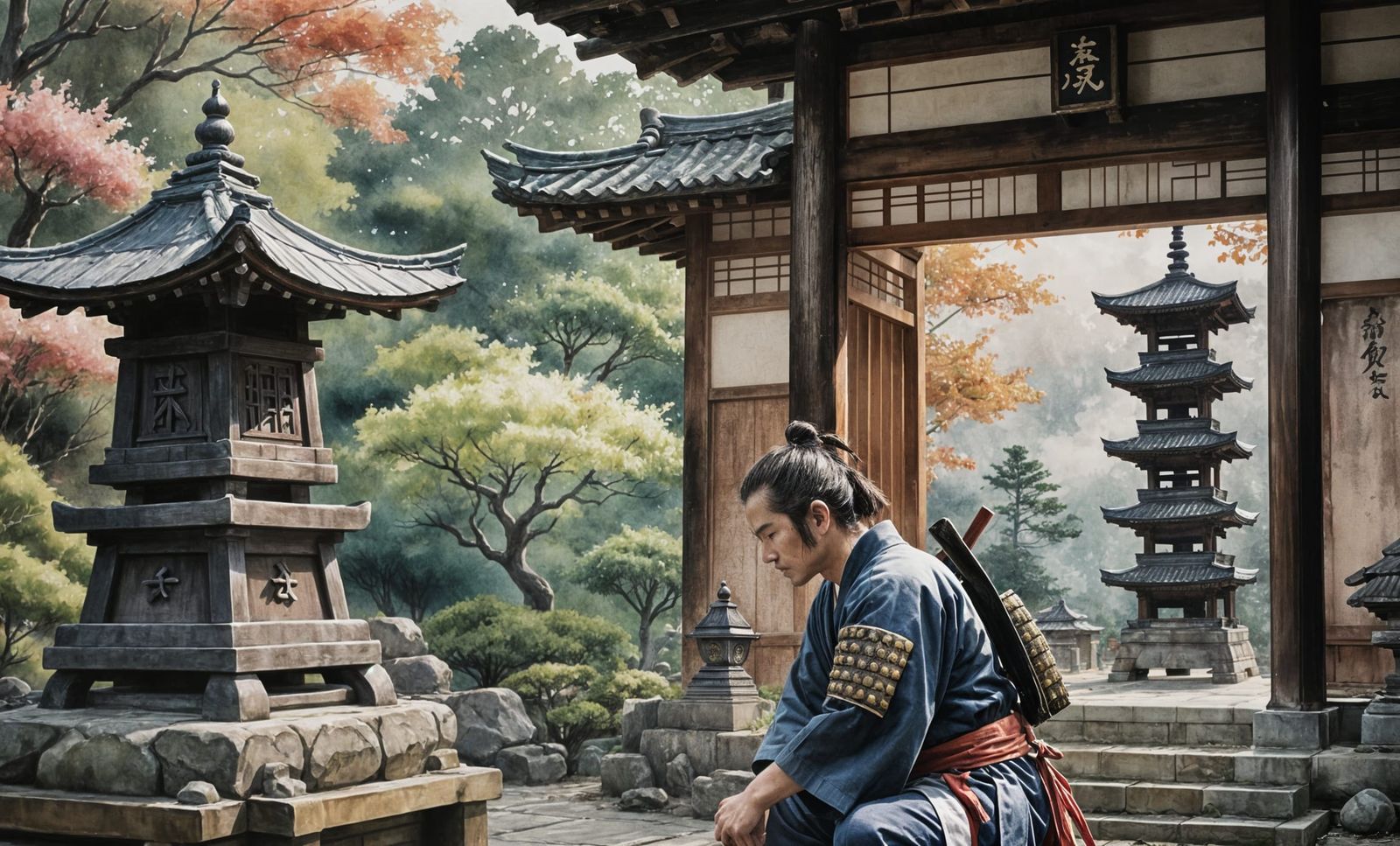 Samurai Warrior Kneeling: Unfinished Watercolor Painting