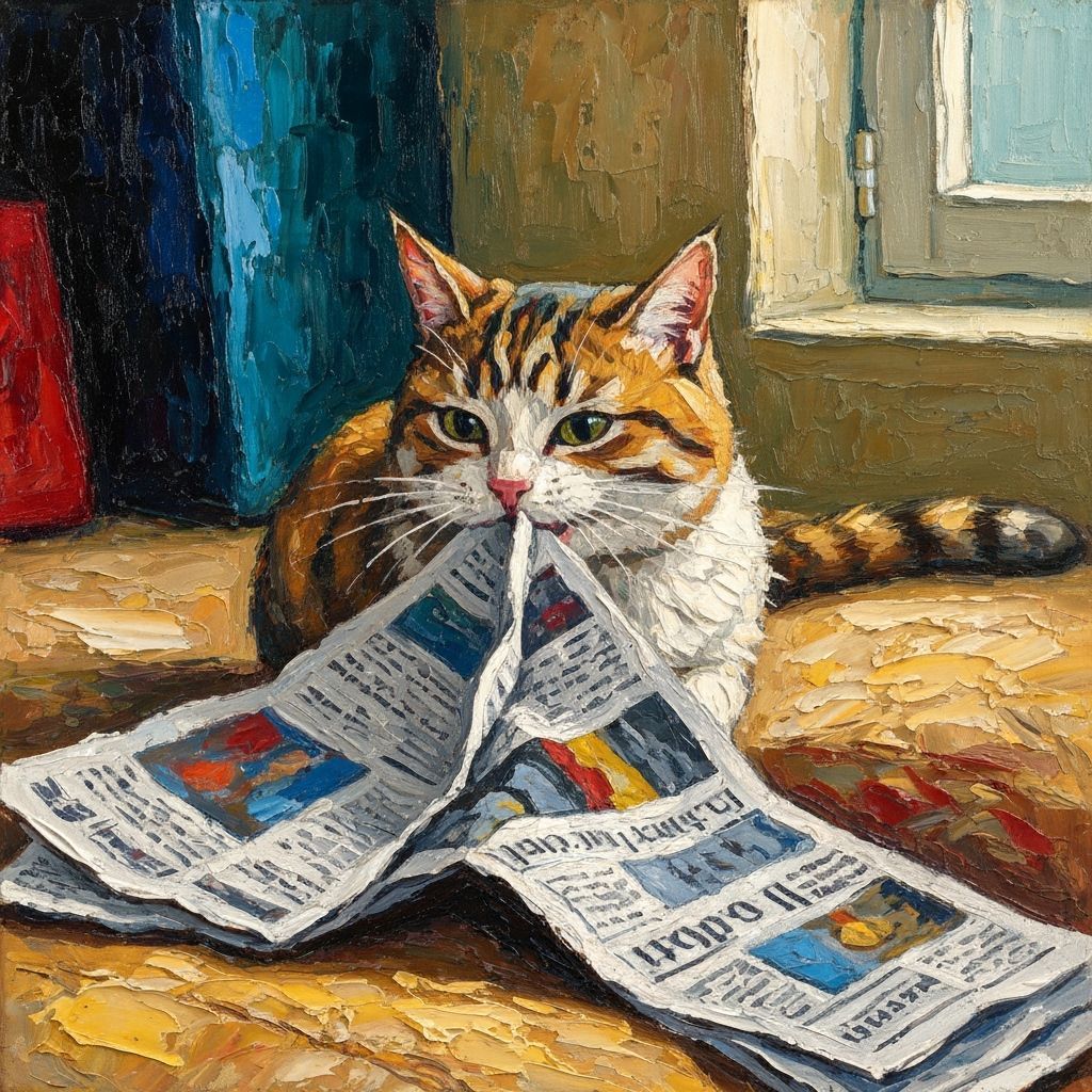 Cute Cat's Newsy Snack: An Impasto Oil Painting