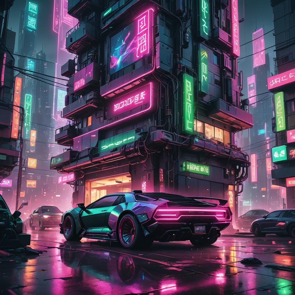 Cyberpunk House and Car in Futuristic City