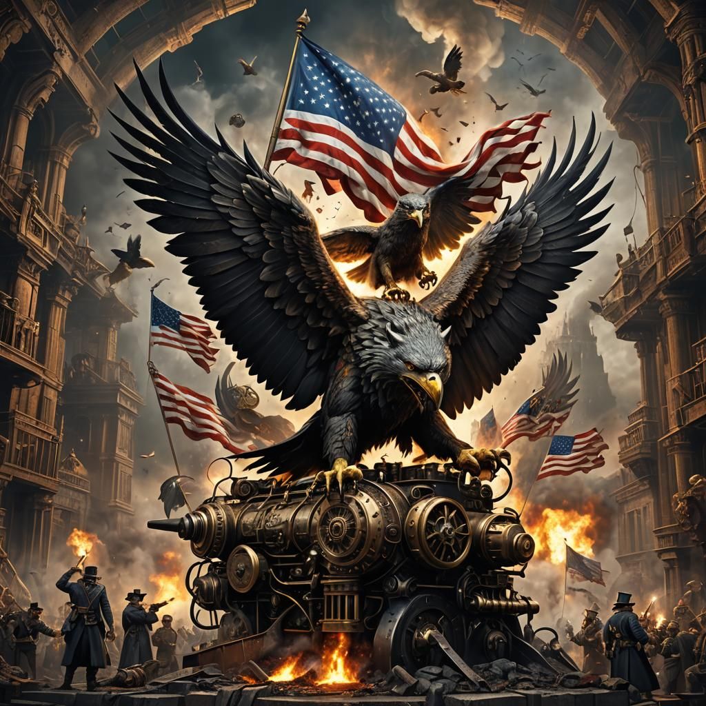 Surreal Steampunk Wolf Eagle in Dark Fantasy Landscape