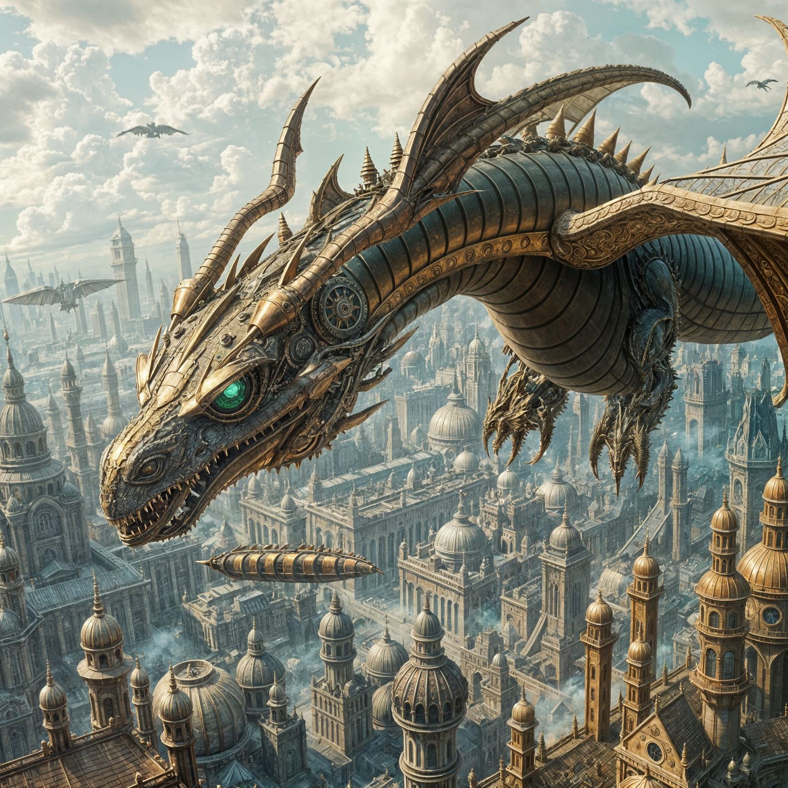 Steampunk Dragon Soaring Over a Cybernetic City