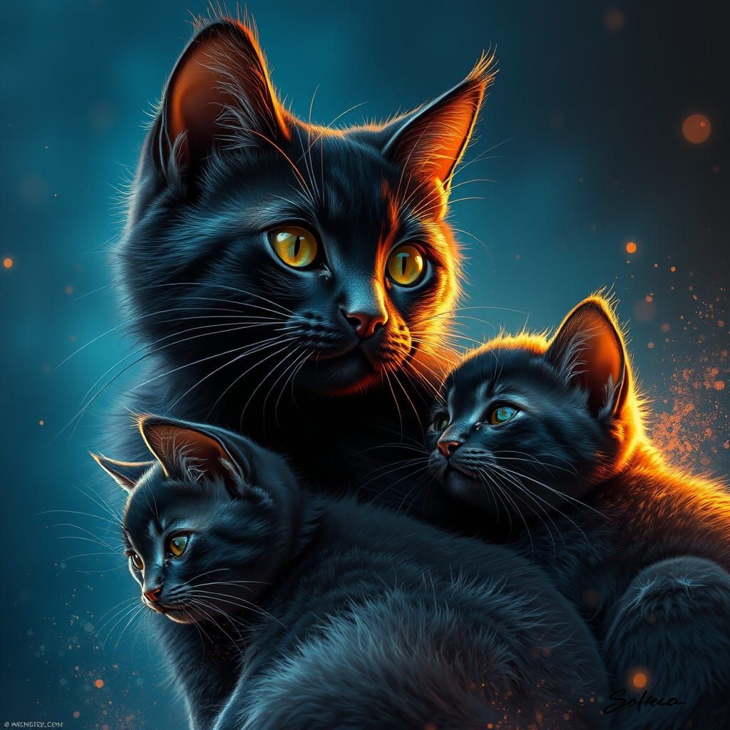 Motherly Black Cat with Kittens in Vibrant Light