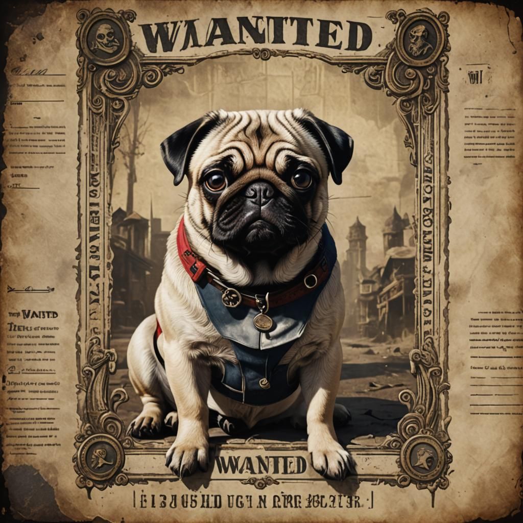 Pug on Wanted Poster: Detailed Fantasy Art