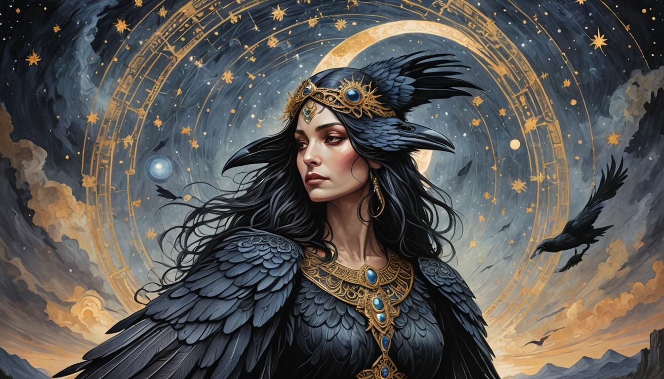 Goddess Raven in Mystical Landscape, Detailed Matte Painting